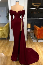 Red Off-the-Shoulder Long Sleeve Mermaid Prom Dress with Split BM bride