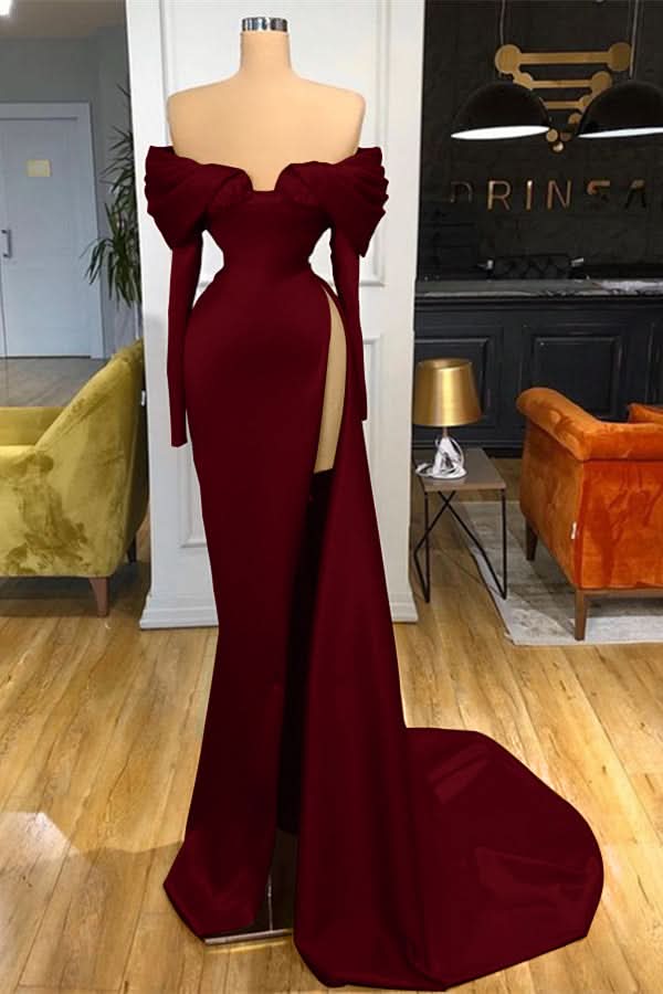 Red Off-the-Shoulder Long Sleeve Mermaid Prom Dress with Split BM bride