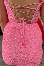 Sparkly Fuchsia Sequins Corset Tight Short Homecoming Dress