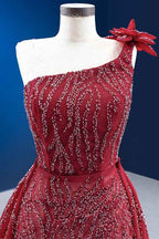 Red One Shoulder Mermaid Prom Dress Split With Ruffles Flower Appliques