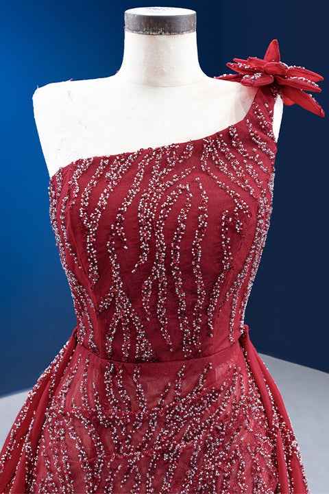 Red One Shoulder Mermaid Prom Dress Split With Ruffles Flower Appliques