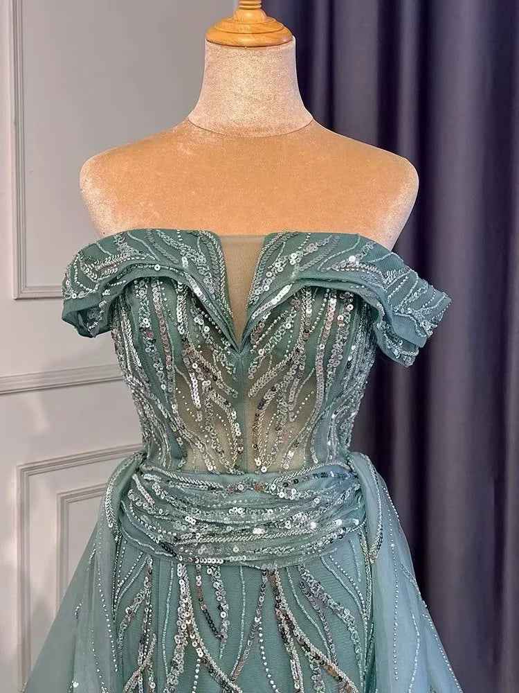 Graceful Bead Embroidery Off the Shoulder Strapless Green Long Prom Dress