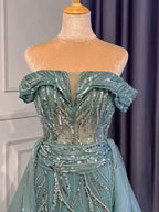 Graceful Bead Embroidery Off the Shoulder Strapless Green Long Prom Dress