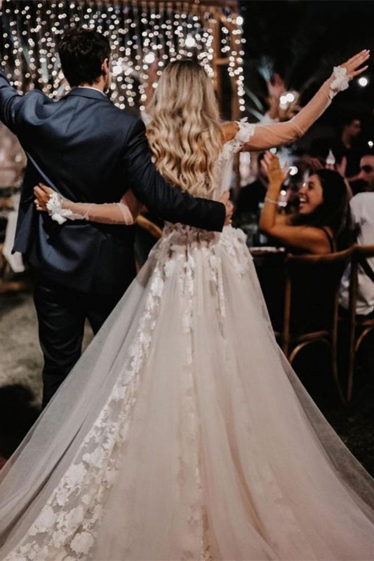 Off-the-Shoulder A-Line Wedding Dress with Lace BM bride