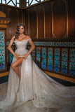 Off-the-Shoulder Sequined Long Wedding Dress with Slit BM bride