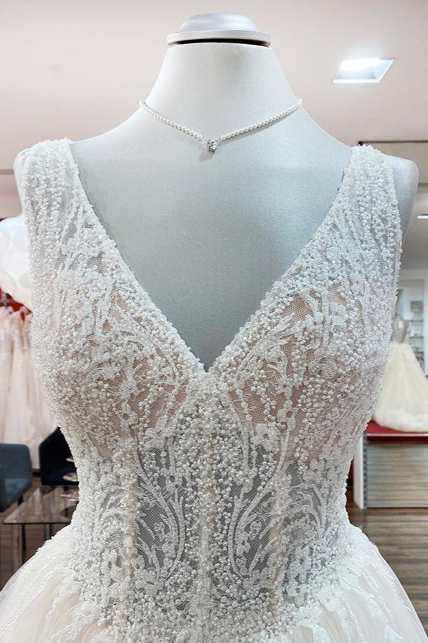 Unique V-Neck Princess Ivory Wedding Dress with Ruffles and Tulle Lace BM bride