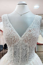 Unique V-Neck Princess Ivory Wedding Dress with Ruffles and Tulle Lace BM bride