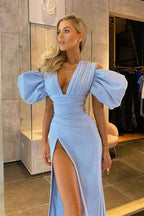 Sky Blue Deep V Neck Puffy Sleeves Long Mermaid Pleated Prom Dress With Split