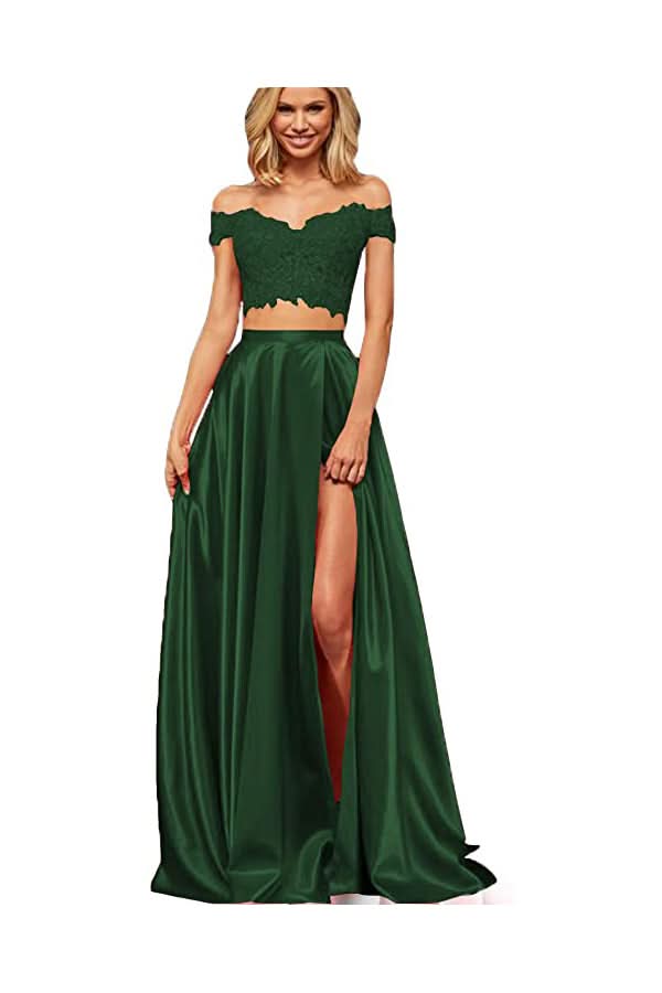 Off-the-Shoulder Two Pieces Prom Dress with Appliques and Slit BM bride