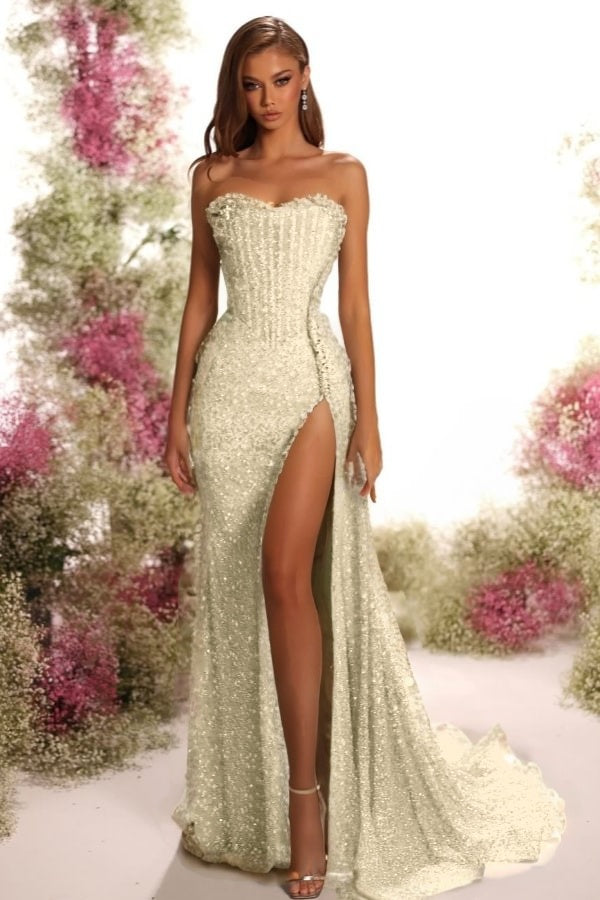 Strapless Sleeveless Long Split Prom Dress With Pleated Sequins BMBRIDE