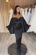 Gorgeous Black Long Sleeves Applique Pleated Evening Dress BM bride