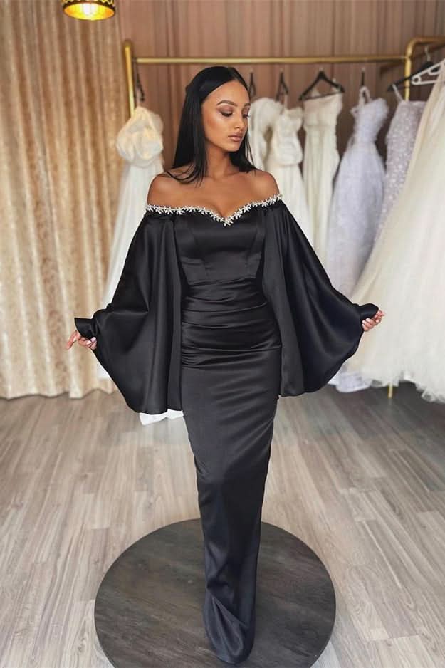Gorgeous Black Long Sleeve Evening Dress with Applique Pleats BM bride