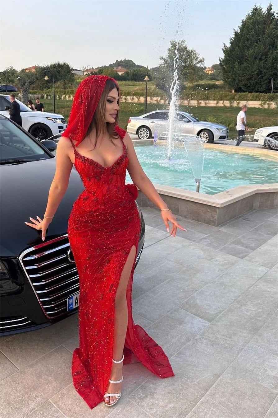 Stunning Red Sequins Spaghetti Strap Sleeveless Long Prom Dress With Split