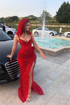 Stunning Red Sequins Spaghetti Strap Sleeveless Long Prom Dress With Split