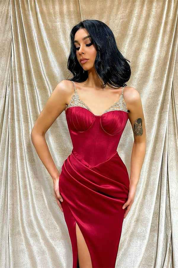 Spaghetti Strap Front Split Burgundy Mermaid Prom Dress With Beading