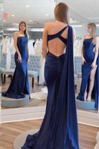 Stylish Simple Mermaid One Shoulder Navy Blue Satin Long Prom Dress BM bride