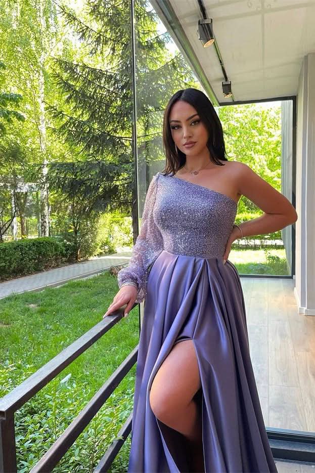 Lilac One Shoulder Long Sleeve Front Split Mermaid Evening Dress with Sequins BM bride