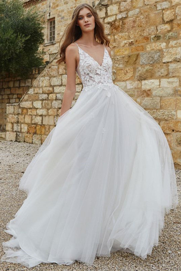 Spaghetti Strap A-Line Tulle Wedding Dress with Lace BM bride