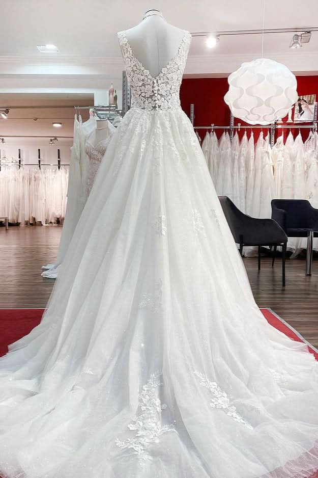 Eye-catching Long A-line Wedding Dresses With White Ruffles Tulle Lace BM bride
