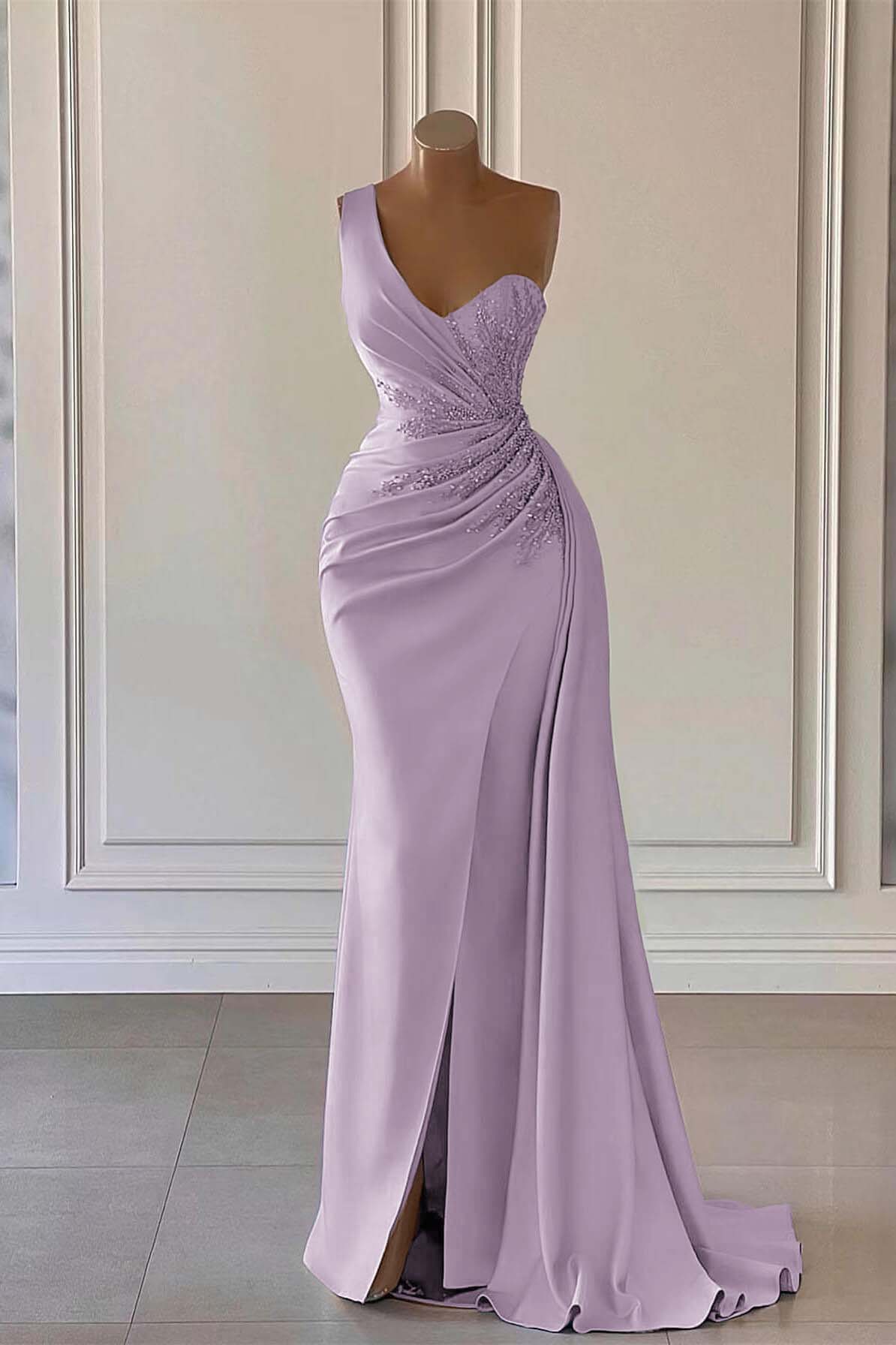 Charming Luxury One Shoulder Long Prom Dress Mermaid Split With Ruffles