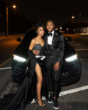 Black Sequin Strapless Prom Dress with Long Slit Pleated BM bride