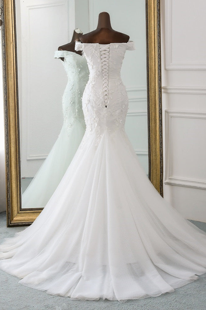 Off-the-Shoulder Mermaid Long Wedding Dress with Tulle Lace BM bride