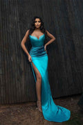Mermaid Blue Sleeveless V Neck Strapless Long Pleated Prom Dress With Split
