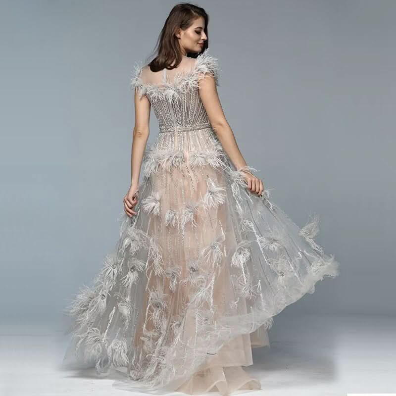 Feather Sequins Applique Prom Dress, A-Line Tulle BM bride