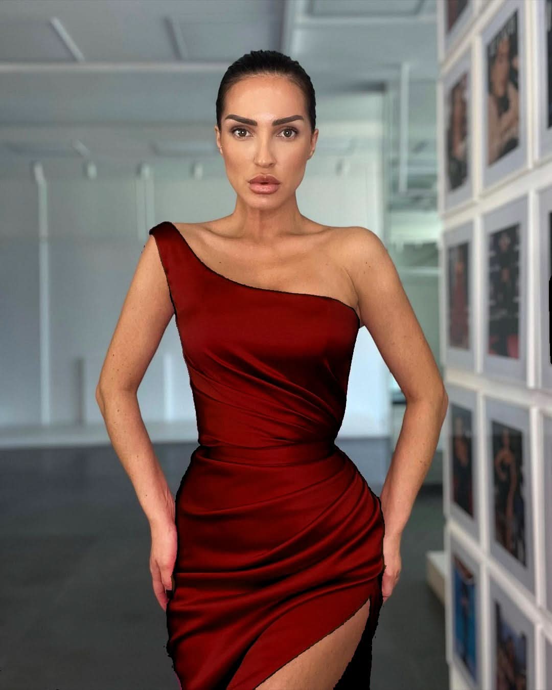 Elegant Rose One Shoulder Evening Dress with Sleeveless and Slit BM bride