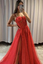 Red Spaghetti-Strap Sweetheart Sequined Prom Dress with Slit and Tulle BM bride