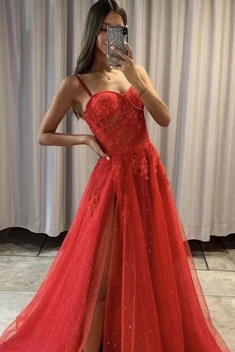 Red Spaghetti-Strap Sweetheart Sequined Prom Dress with Slit and Tulle BM bride