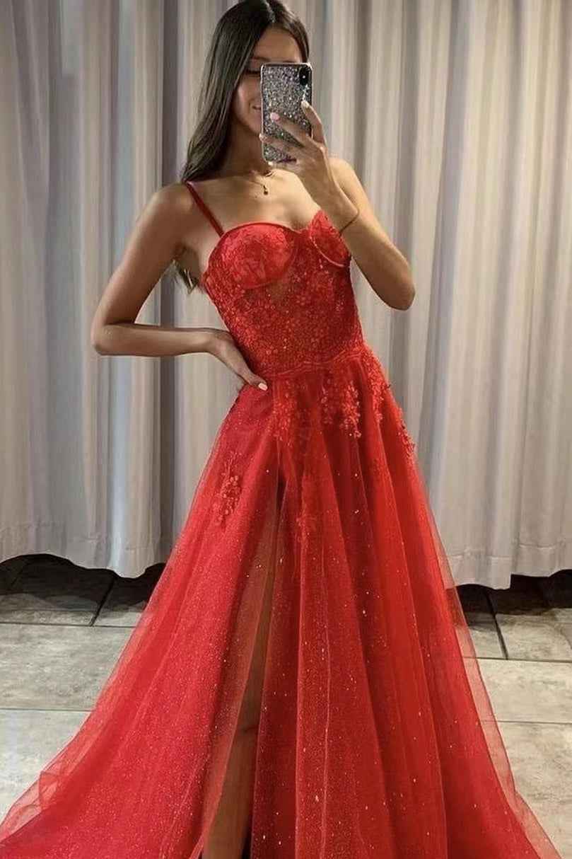 Red Spaghetti Strap Sweetheart Split Sequins Prom Dress With Tulle