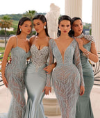 Dusty Sage Sleeveless Prom Dress with Spaghetti Strap and Rhinestone Beadings BM bride