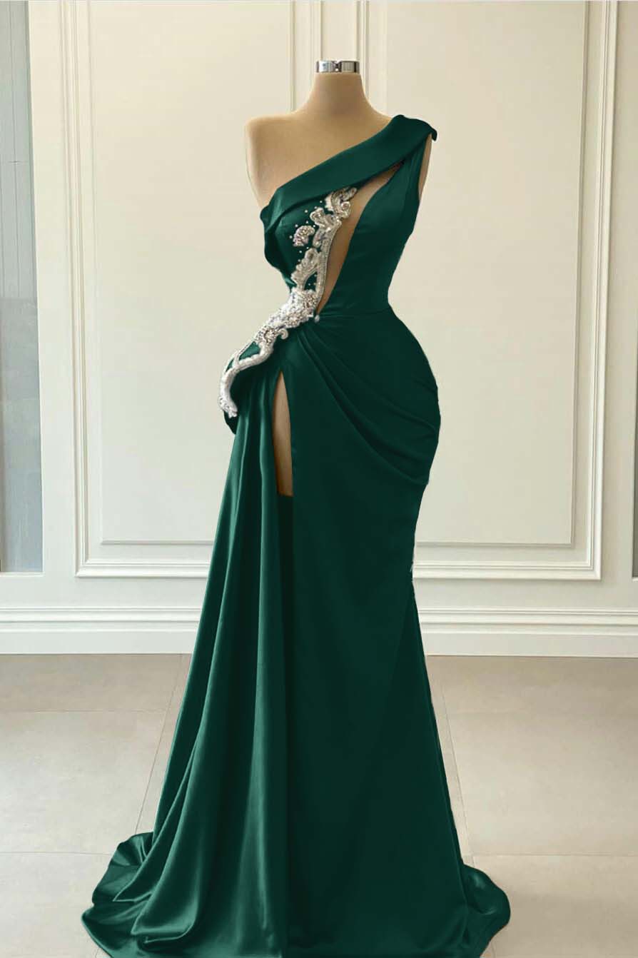 One Shoulder Sleeveless Blue High Split Long Mermaid Prom Dress With Beaded