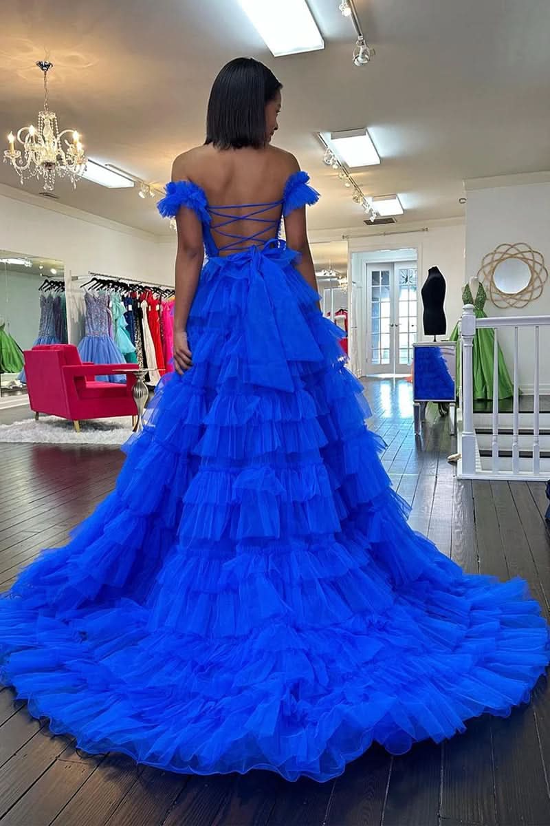Majestic Royal Blue Off-the-Shoulder Ruffle Tiered Tulle Long Prom Dress with Slit BM bride