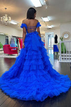 Majestic Royal Blue Off-the-Shoulder Ruffle Tiered Tulle Long Prom Dress with Slit BM bride