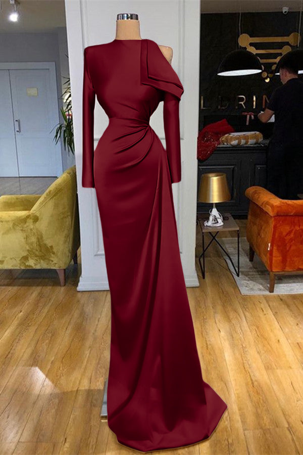 Charming High Neck Champagne Prom Dress Mermaid Long Sleeves With Pleated BMBRIDE