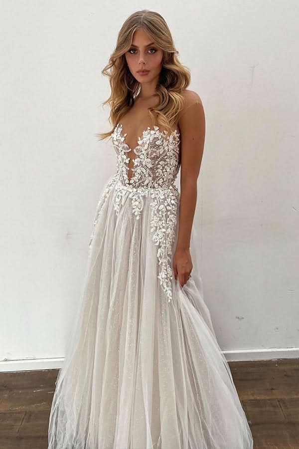 Sheer A-line Wedding Dress Floor Length With Tulle Appliques BM bride