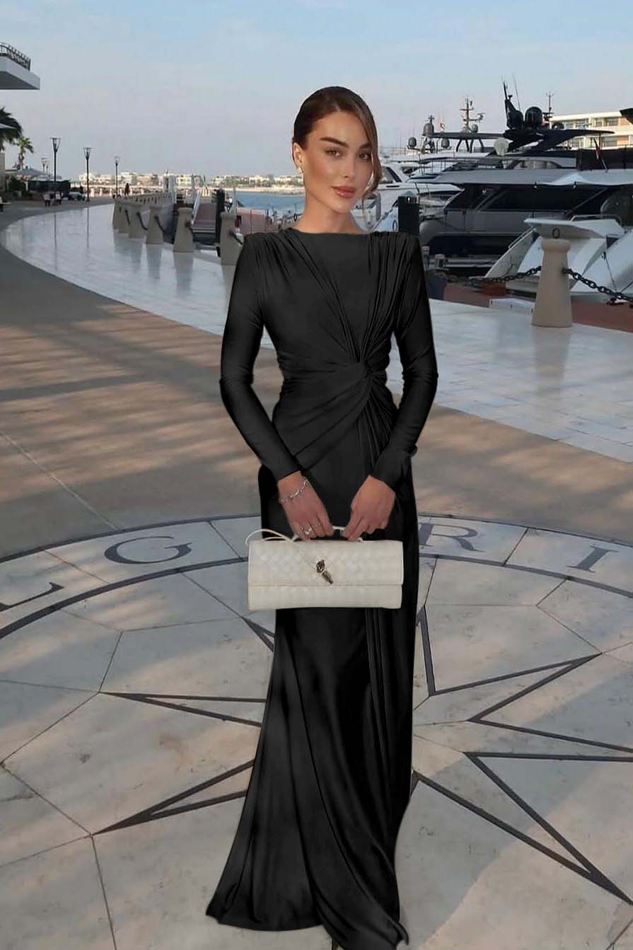 Chic Jewel Long Sleeves Mermaid Long Prom Dress With Pleated BMBRIDE