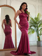Elegant Deep Red Sleeveless V Neck Mermaid Pleated Long Prom Dress