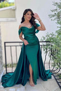 Dark Green Off-the-Shoulder Sweetheart Mermaid Prom Dress with Split and Long Ruffles BM bride