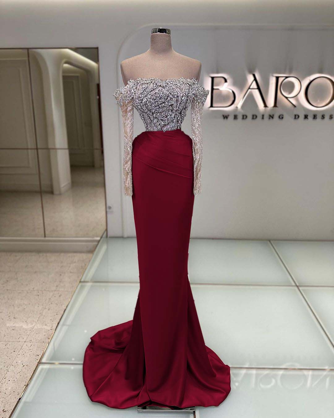 Off the Shoulder Long Sleeves Long Mermaid Prom Dress With Beading BMBRIDE
