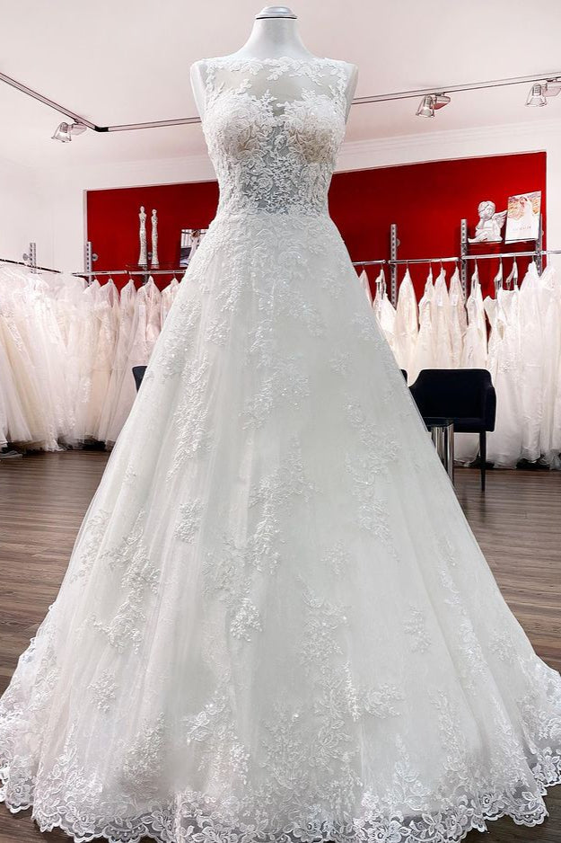 Graceful Jewel Neck Long A-Line Tulle Wedding Dress with Lace Appliques BM bride