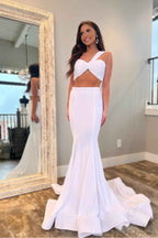 Two Pieces One Shoulder Sleeveless Mermaid Prom Dress With Ruffles
