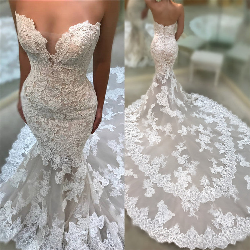 Strapless V-Neck Backless Long Mermaid Wedding Dress with Lace Appliques BM bride