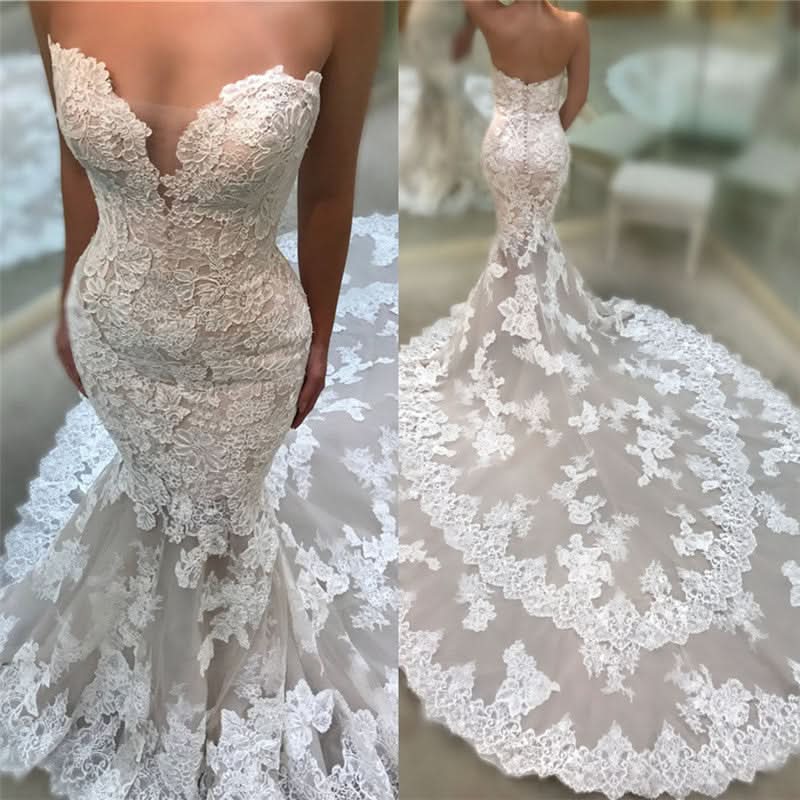 Strapless V-Neck Backless Long Mermaid Wedding Dress with Lace Appliques BM bride
