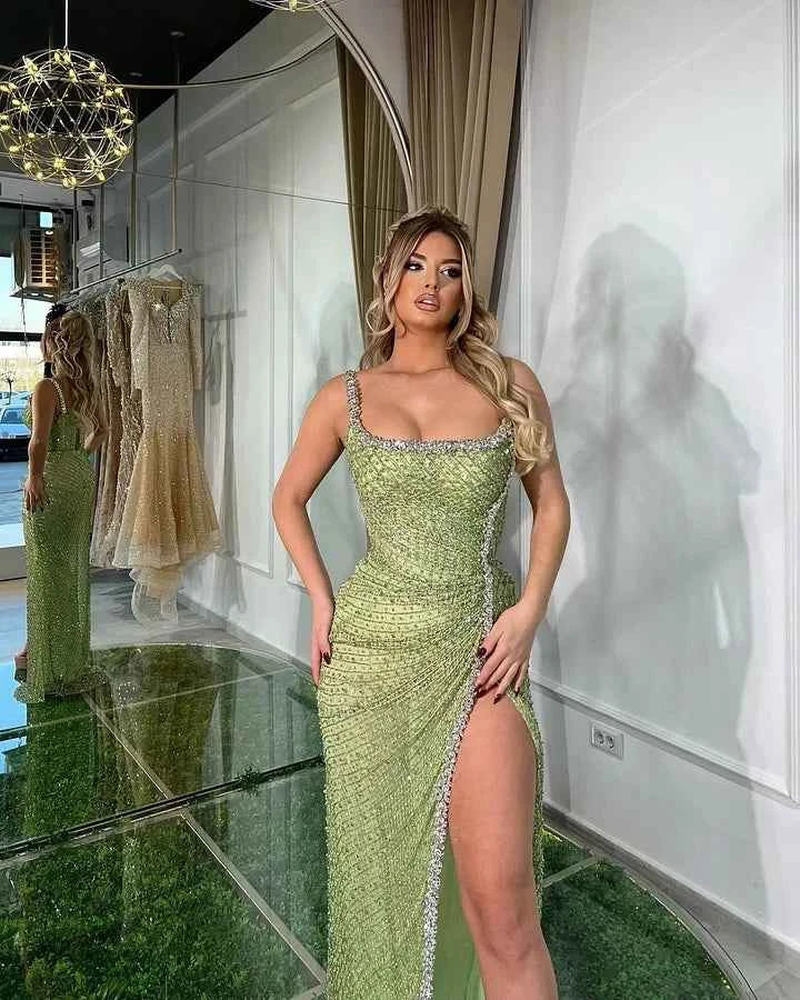 One Shoulder Sleeveless Mermaid Split Long Prom Dress With Beading