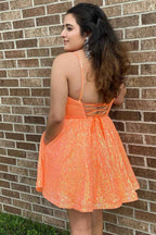 Glitter Hot Pink A-Line Short Homecoming Dress with Pockets Bmbride