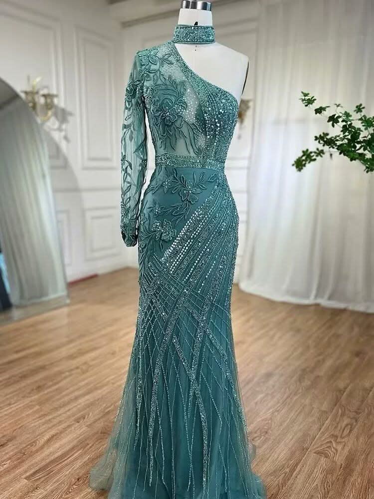 Chic One-Shoulder Long Sleeve Mermaid Prom Dress with Sequin Appliqued BM bride