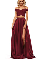 Off-the-Shoulder Two Pieces Prom Dress with Appliques and Slit BM bride
